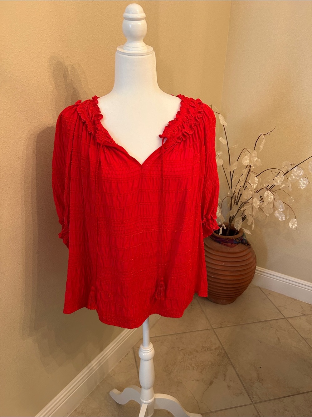 Max Studio Red Peasant Tunic with Tassel Ties